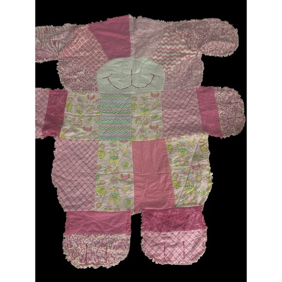 Pink Patchwork Bear-Shaped Quilt With Fringe & Owl Patterns For Toddlers Babies - Picture 5 of 16